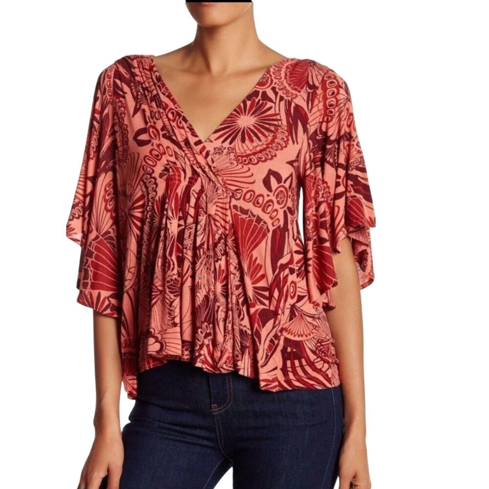 Free People Top Women's Size S Amour Abstract Floral Split Short Sleeve V-Neck